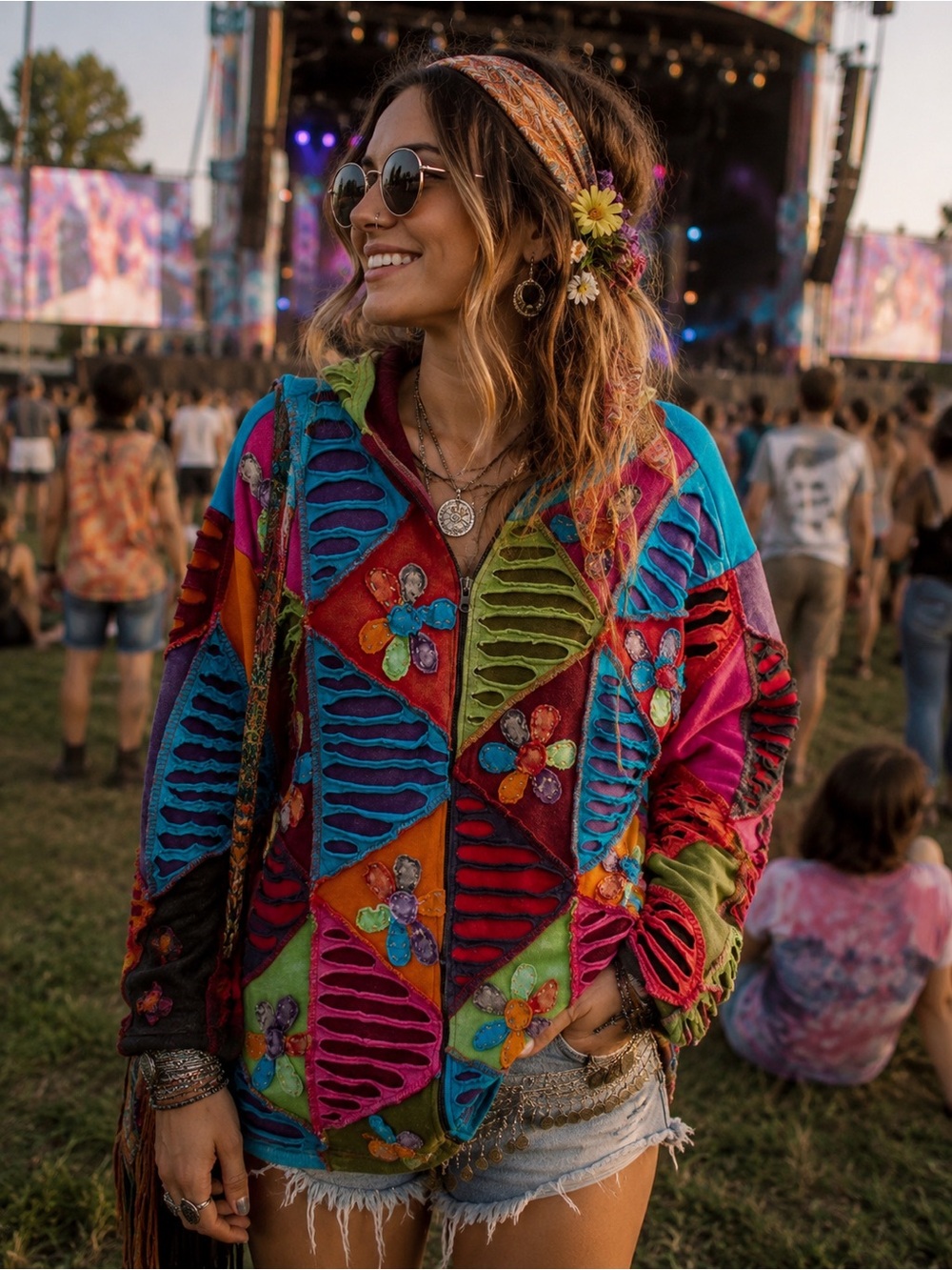 Boho Festival Patchwork Multicolor Hooded Jacket